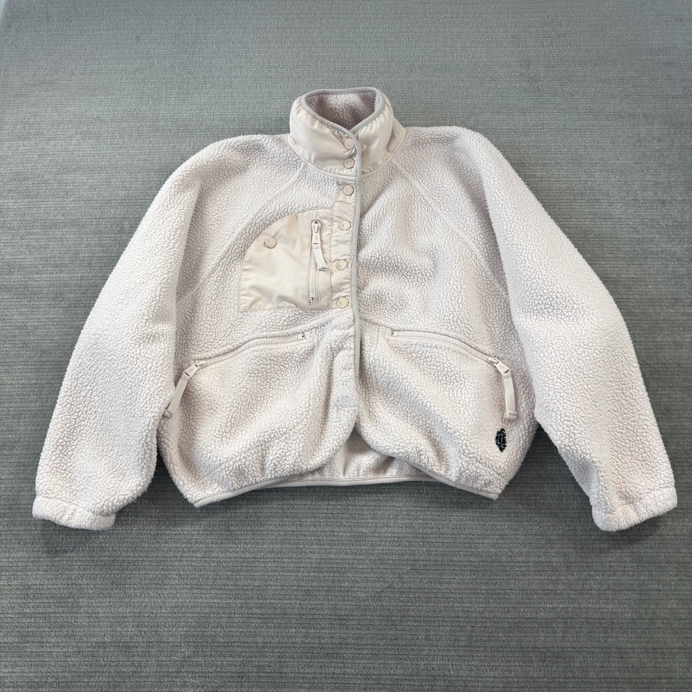 Free People Hit The Slopes Fleece Jacket Womens XS Muted Beige Snap Front Relax